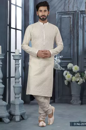 Off-white lucknowi full chikankari embroidery threadwork kurta pajama set