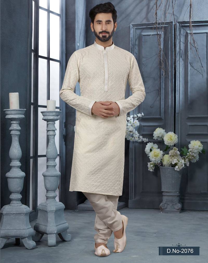 Off-white lucknowi full chikankari embroidery threadwork kurta pajama set