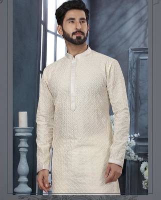 Off-white lucknowi full chikankari embroidery threadwork kurta pajama set 2