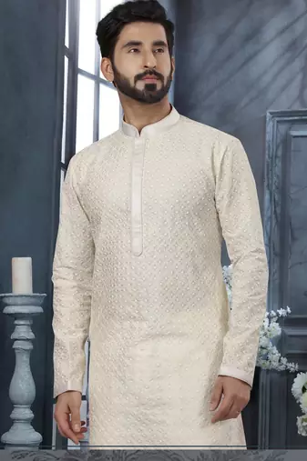 Off-white lucknowi full chikankari embroidery threadwork kurta pajama set