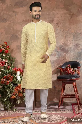 Lemon lucknowi full chikankari embroidery threadwork kurta pajama set