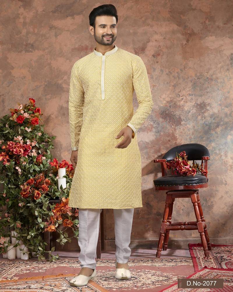Lemon lucknowi full chikankari embroidery threadwork kurta pajama set
