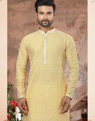 Lemon lucknowi full chikankari embroidery threadwork kurta pajama set 2