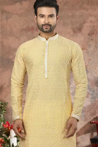 Lemon lucknowi full chikankari embroidery threadwork kurta pajama set