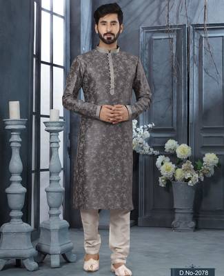 Dark grey colour digital-printed silk kurta pajama set with threadwork neckline 1