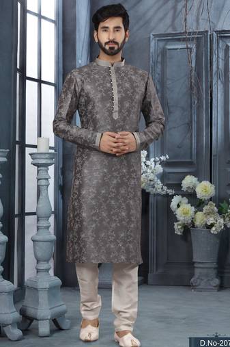 Dark grey colour digital-printed silk kurta pajama set with threadwork neckline
