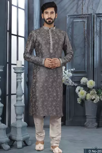 Dark grey colour digital-printed silk kurta pajama set with threadwork neckline
