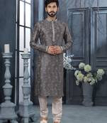 Dark grey colour digital-printed silk kurta pajama set with threadwork neckline
