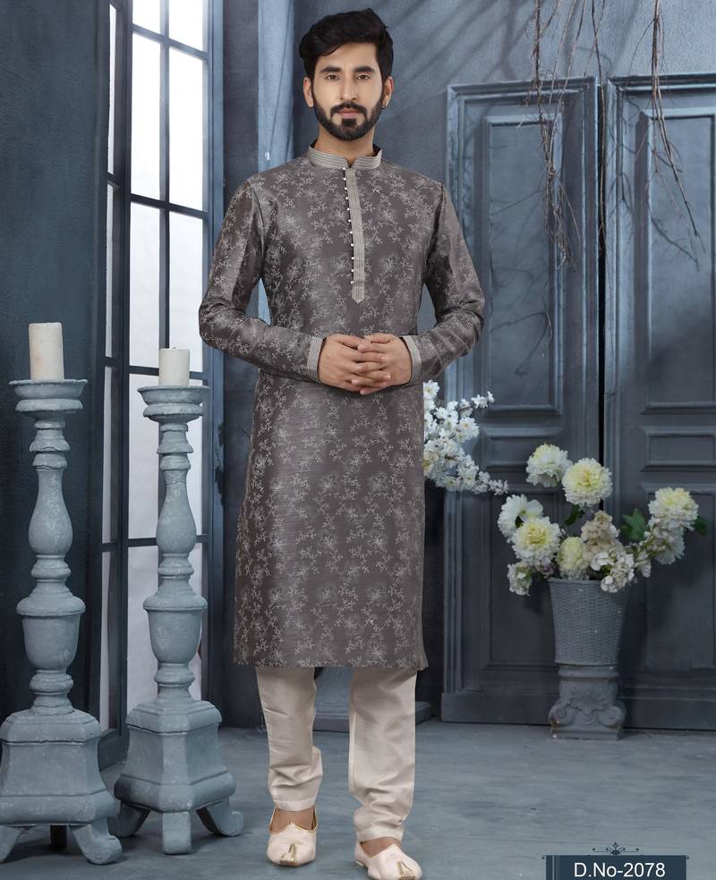 Dark grey colour digital-printed silk kurta pajama set with threadwork neckline