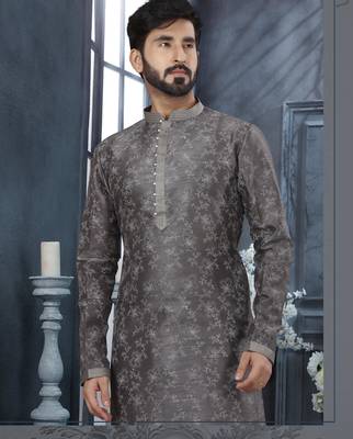 Dark grey colour digital-printed silk kurta pajama set with threadwork neckline 2