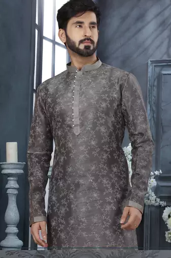 Dark grey colour digital-printed silk kurta pajama set with threadwork neckline
