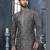 Dark grey colour digital-printed silk kurta pajama set with threadwork neckline