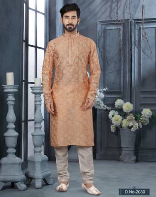 Peach grey colour digital-printed silk kurta pajama set with threadwork neckline 1