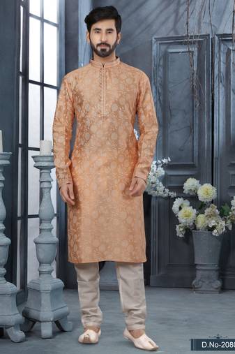 Peach grey colour digital-printed silk kurta pajama set with threadwork neckline