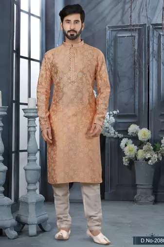 Peach grey colour digital-printed silk kurta pajama set with threadwork neckline