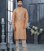 Peach grey colour digital-printed silk kurta pajama set with threadwork neckline