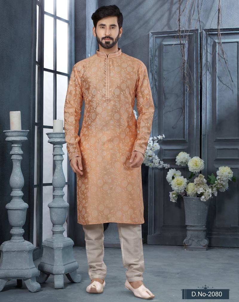 Peach grey colour digital-printed silk kurta pajama set with threadwork neckline