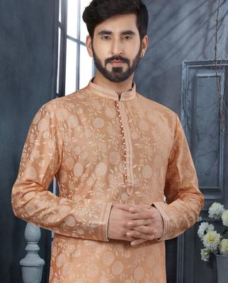 Peach grey colour digital-printed silk kurta pajama set with threadwork neckline 2