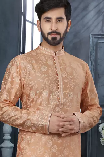 Peach grey colour digital-printed silk kurta pajama set with threadwork neckline
