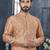 Peach grey colour digital-printed silk kurta pajama set with threadwork neckline