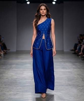 Blue embroidered dupion silk co ord set 1