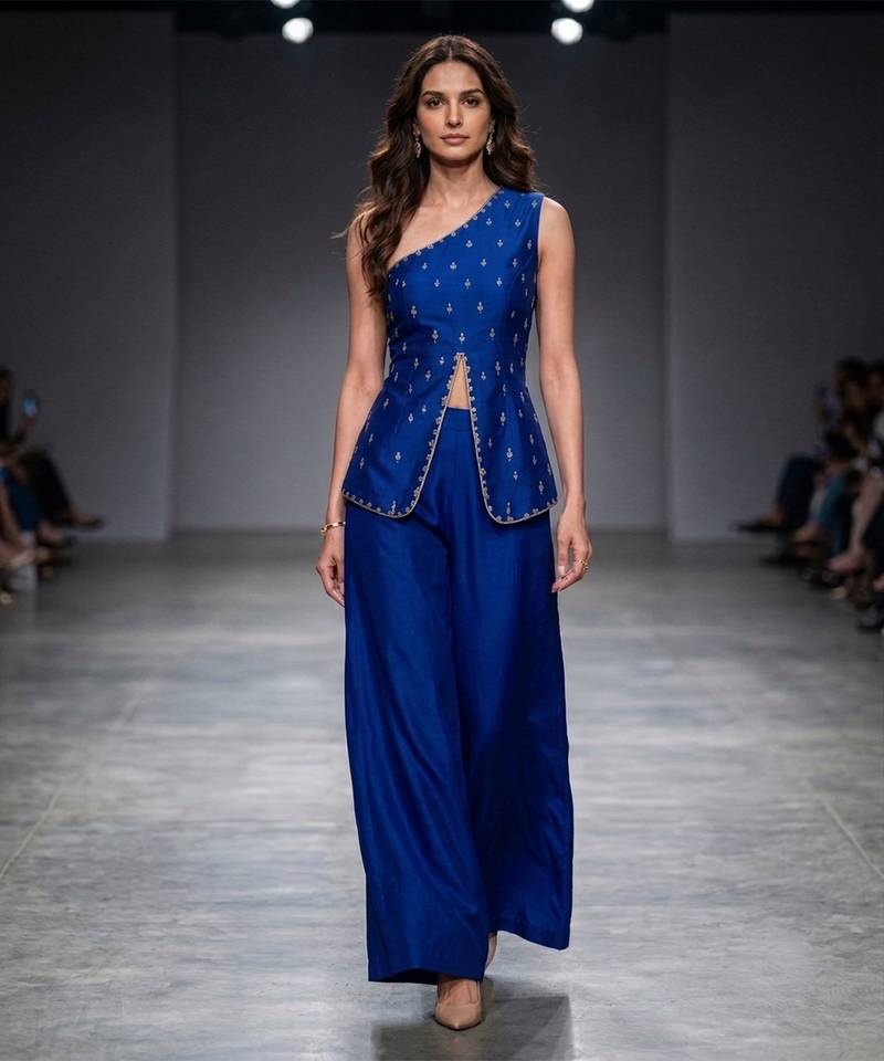 Blue embroidered dupion silk co ord set