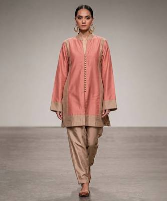 Pink beige chanderi silk kurta and pant set 1