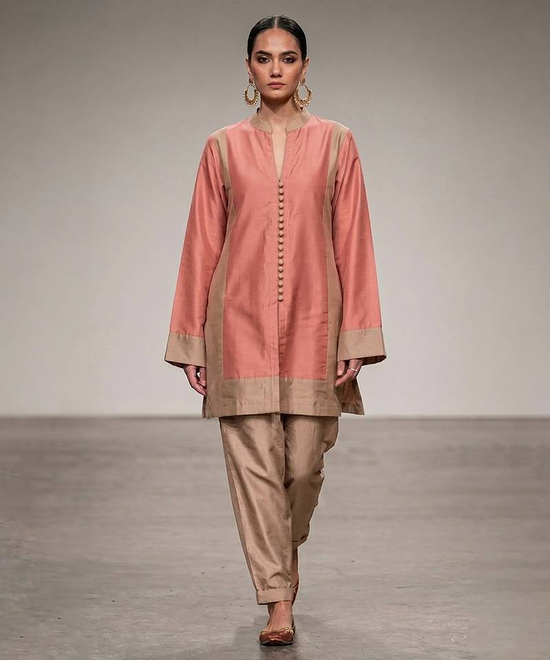 Pink beige chanderi silk kurta and pant set