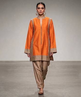 Orange beige chanderi silk kurta and pant set 1