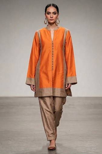 Orange beige chanderi silk kurta and pant set