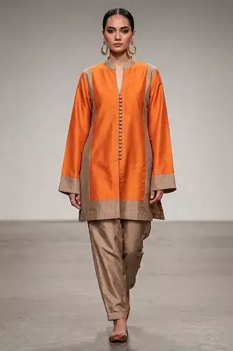 Orange beige chanderi silk kurta and pant set