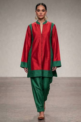 Red green chanderi silk kurta and pant set
