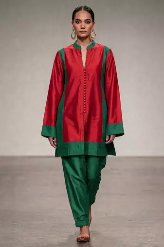 Red green chanderi silk kurta and pant set