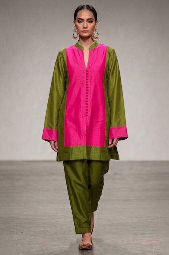 Pink olive green chanderi silk kurta and pant set