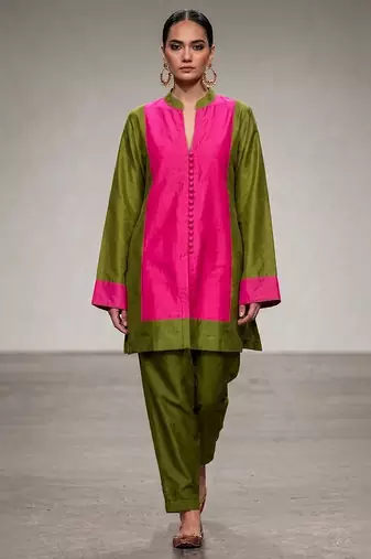 Pink olive green chanderi silk kurta and pant set