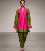 Pink olive green chanderi silk kurta and pant set