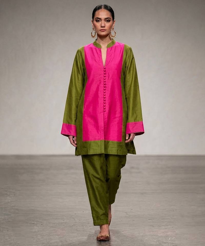 Pink olive green chanderi silk kurta and pant set