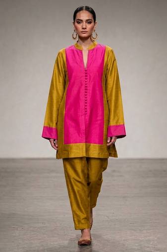 Pink mustard chanderi silk kurta and pant set
