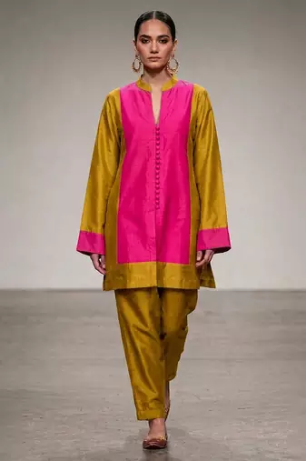Pink mustard chanderi silk kurta and pant set