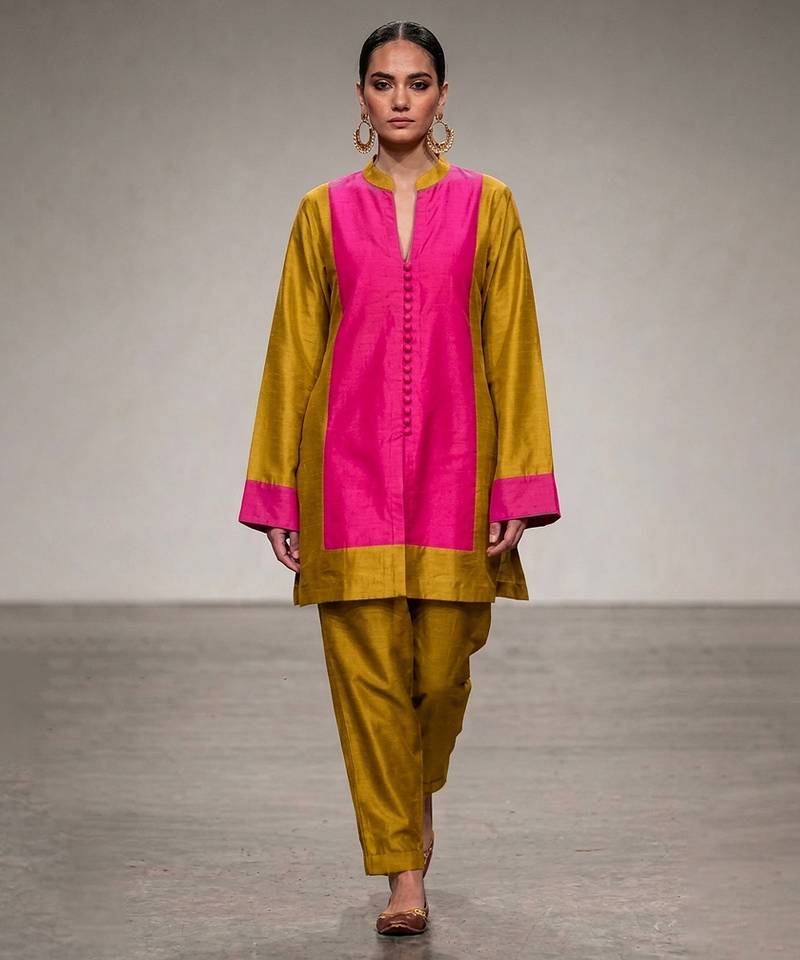 Pink mustard chanderi silk kurta and pant set