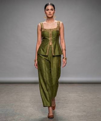 Olive green embroidered dupion silk co ord set 1