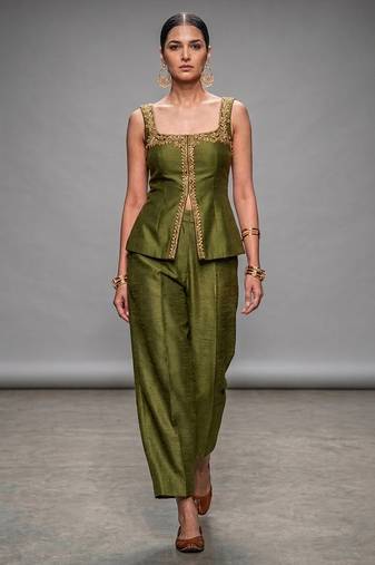Olive green embroidered dupion silk co ord set