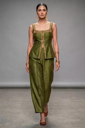 Olive green embroidered dupion silk co ord set