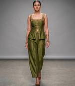 Olive green embroidered dupion silk co ord set