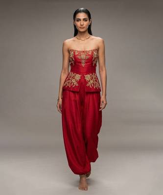 Crimson red embroidered dupion silk co ord set 1
