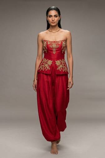 Crimson red embroidered dupion silk co ord set