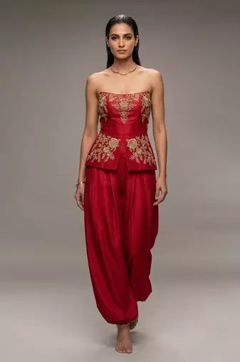 Crimson red embroidered dupion silk co ord set
