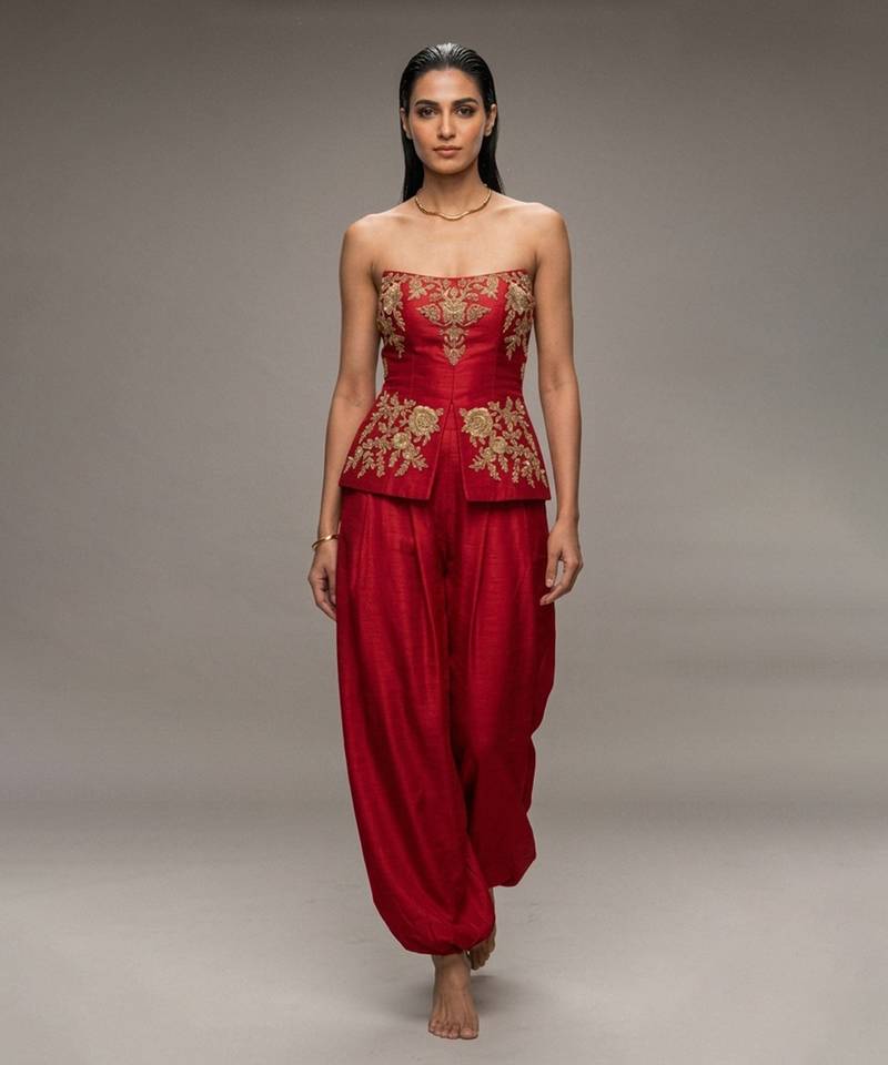 Crimson red embroidered dupion silk co ord set