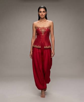 Crimson red embroidered dupion silk co ord set 1