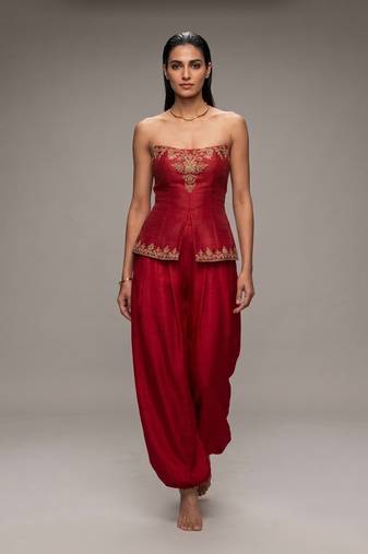 Crimson red embroidered dupion silk co ord set